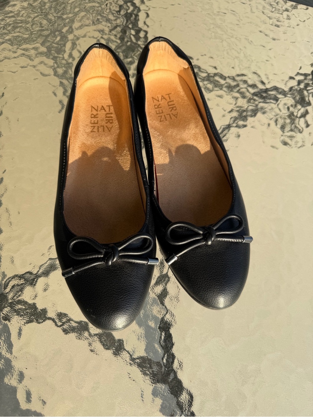 Naturalizer Black Leather Ballet Flats with Bow Accent - Picture 2 of 6